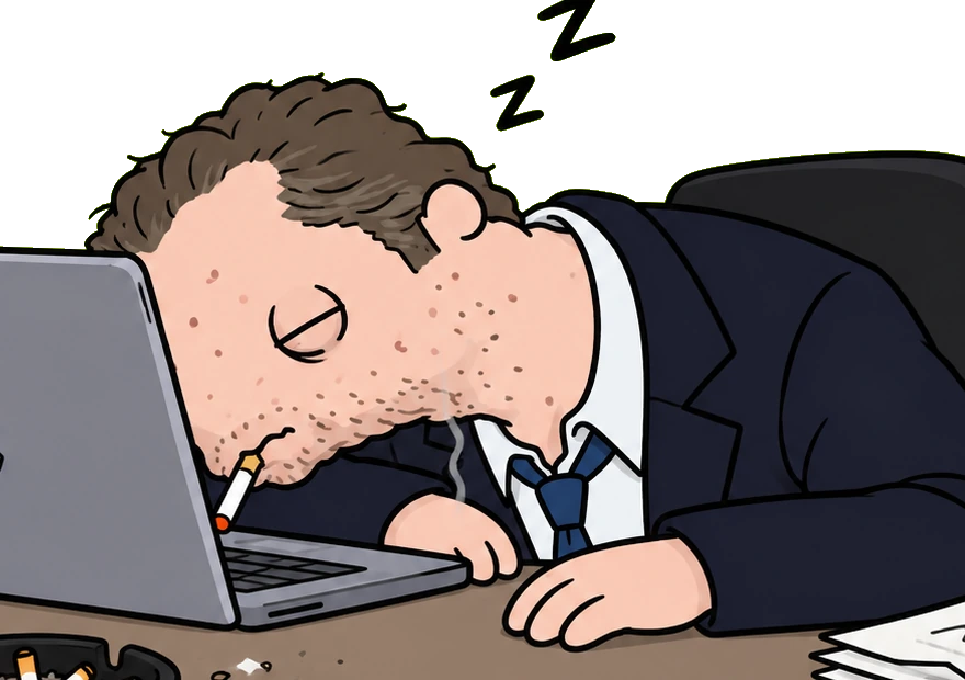 Henter Boden face down on the laptop, fourteen hours in